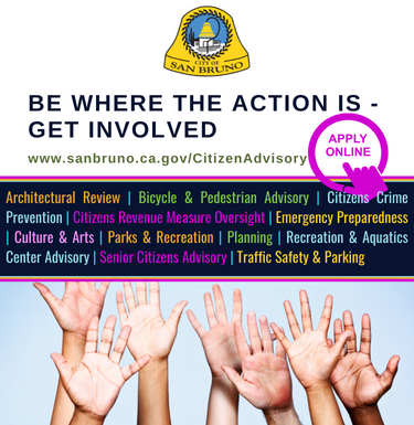 Image of raised hands with a listing of City of San Bruno Citizen Advisory Committees