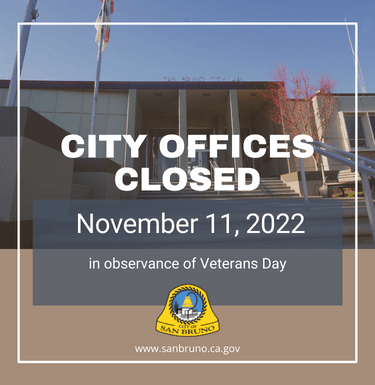 Image of City Hall with text stating city office closure in observance of Veterans Day