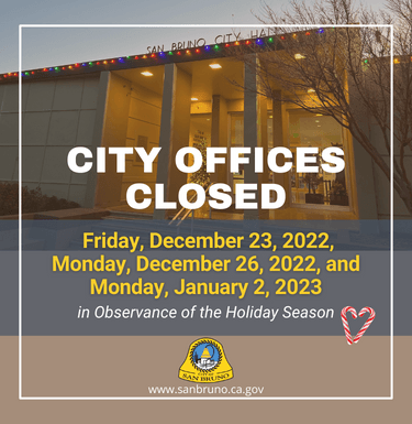 Image of City Hall with text indicating offices closed Dec 23-26 and Jan 2