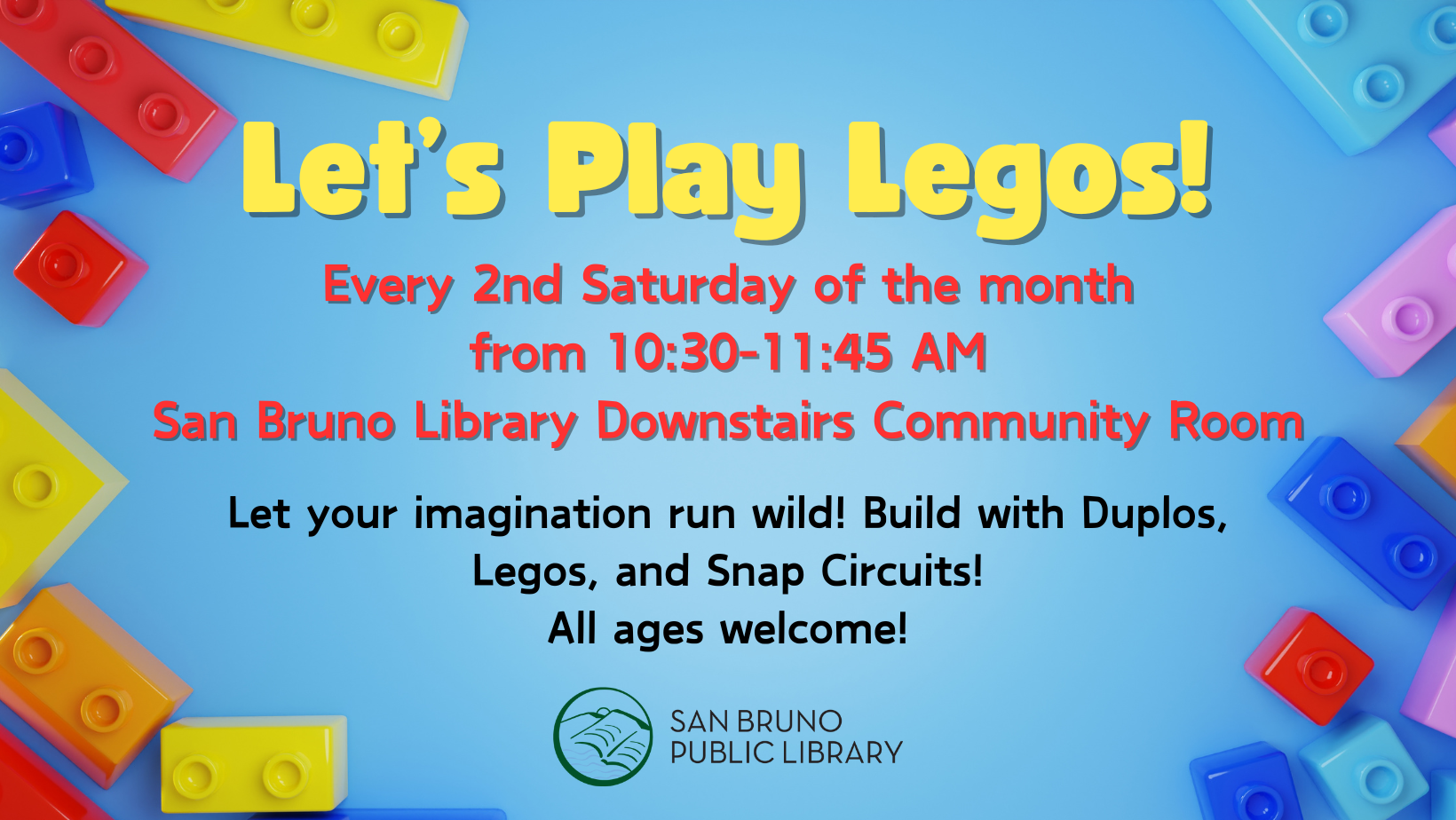 Play with Legos, 2nd Sat of the month, Library Downstairs. 10:30 AM - 11:45 AM. All ages.