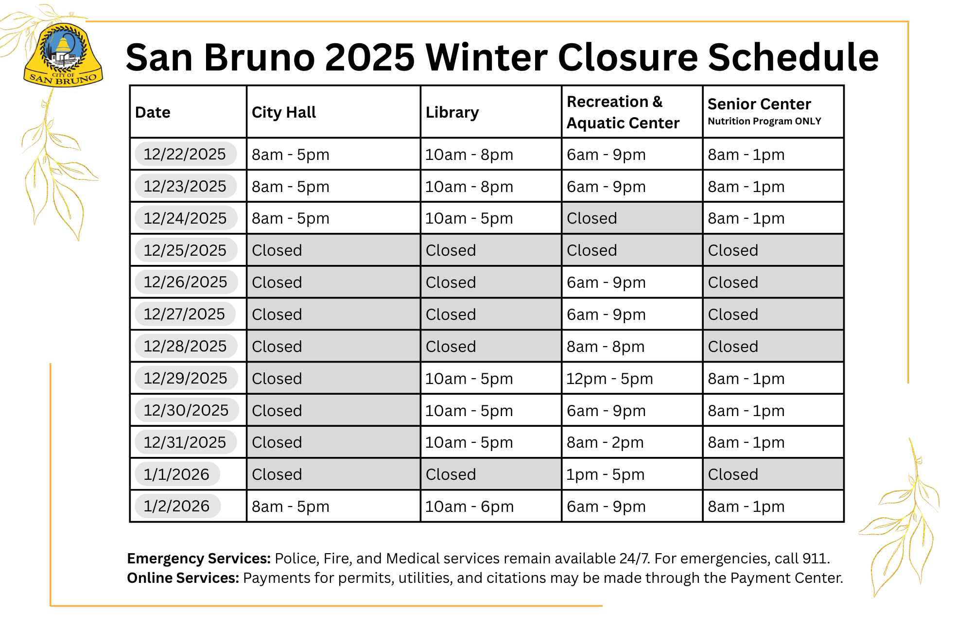 San Bruno 2025 Winter Facility Closure Schedule