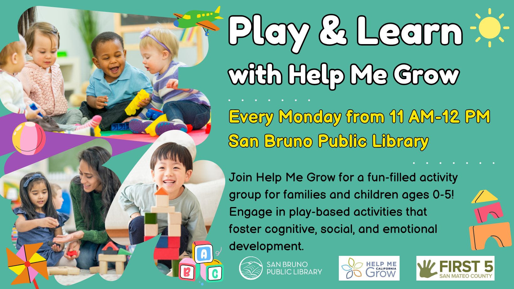 Play based activity group at the Library for families and children ages 0-5, Mondays 11 AM-12 PM 