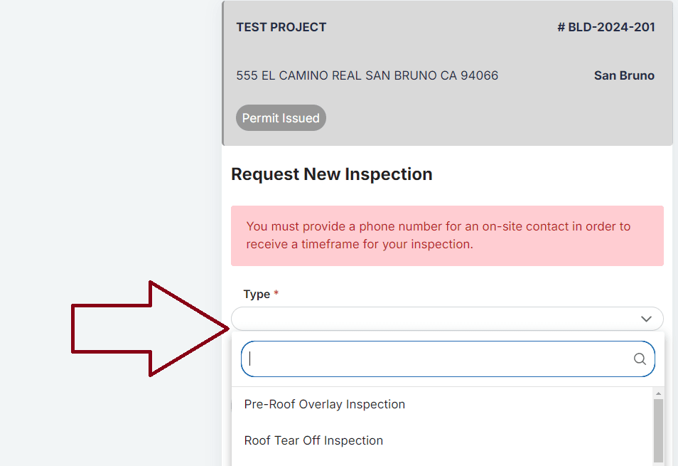 MGO Inspections - Use Type Dropdown to Select Inspection Type